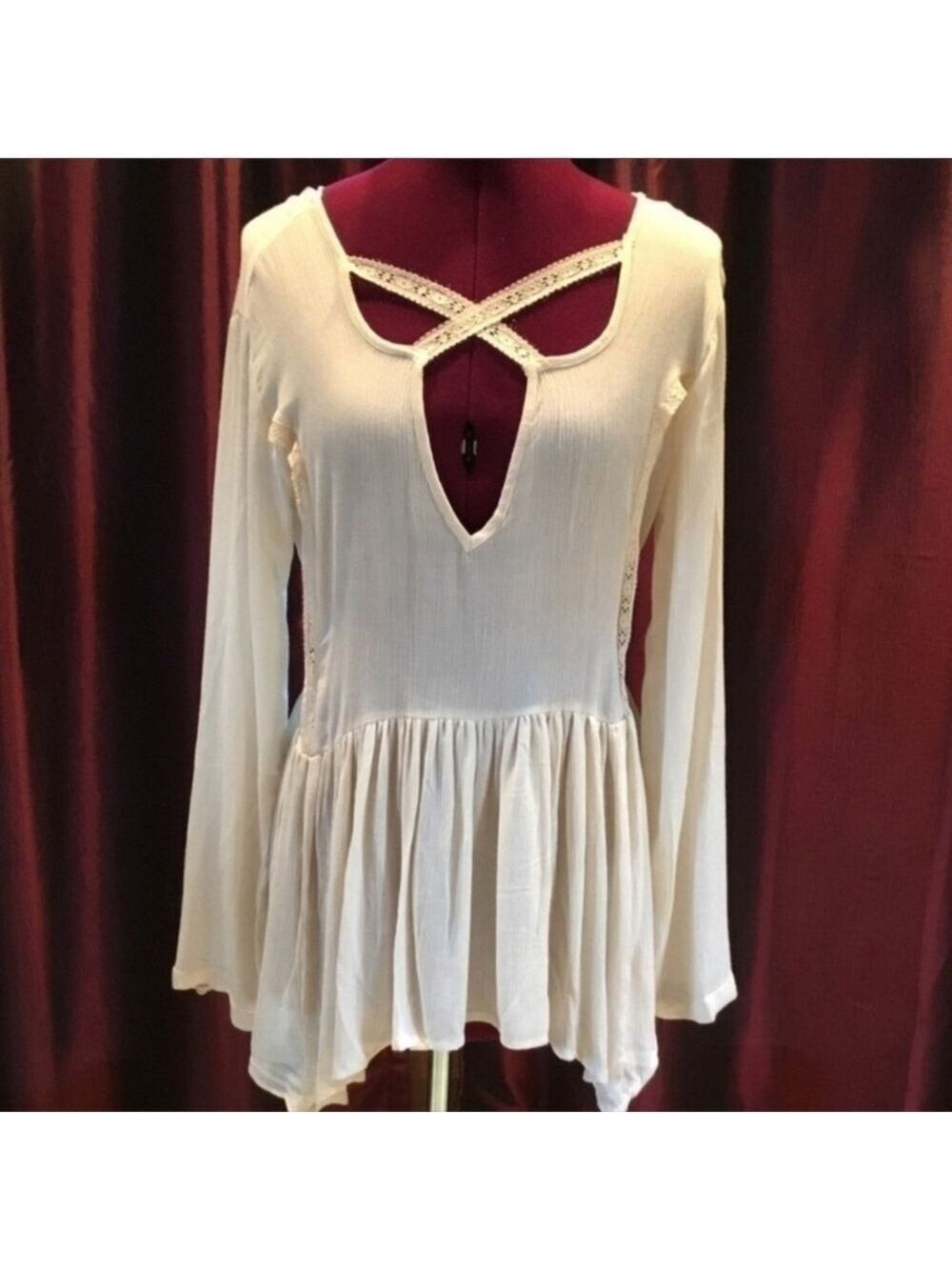 Long Sleeve Top Architectural Plunge Criss Cross Neckline Boho Small Cream Poof!